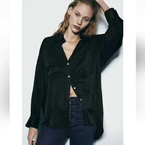 Zara Satin Effect Oversized Front Pockets Button Down Shirt Top